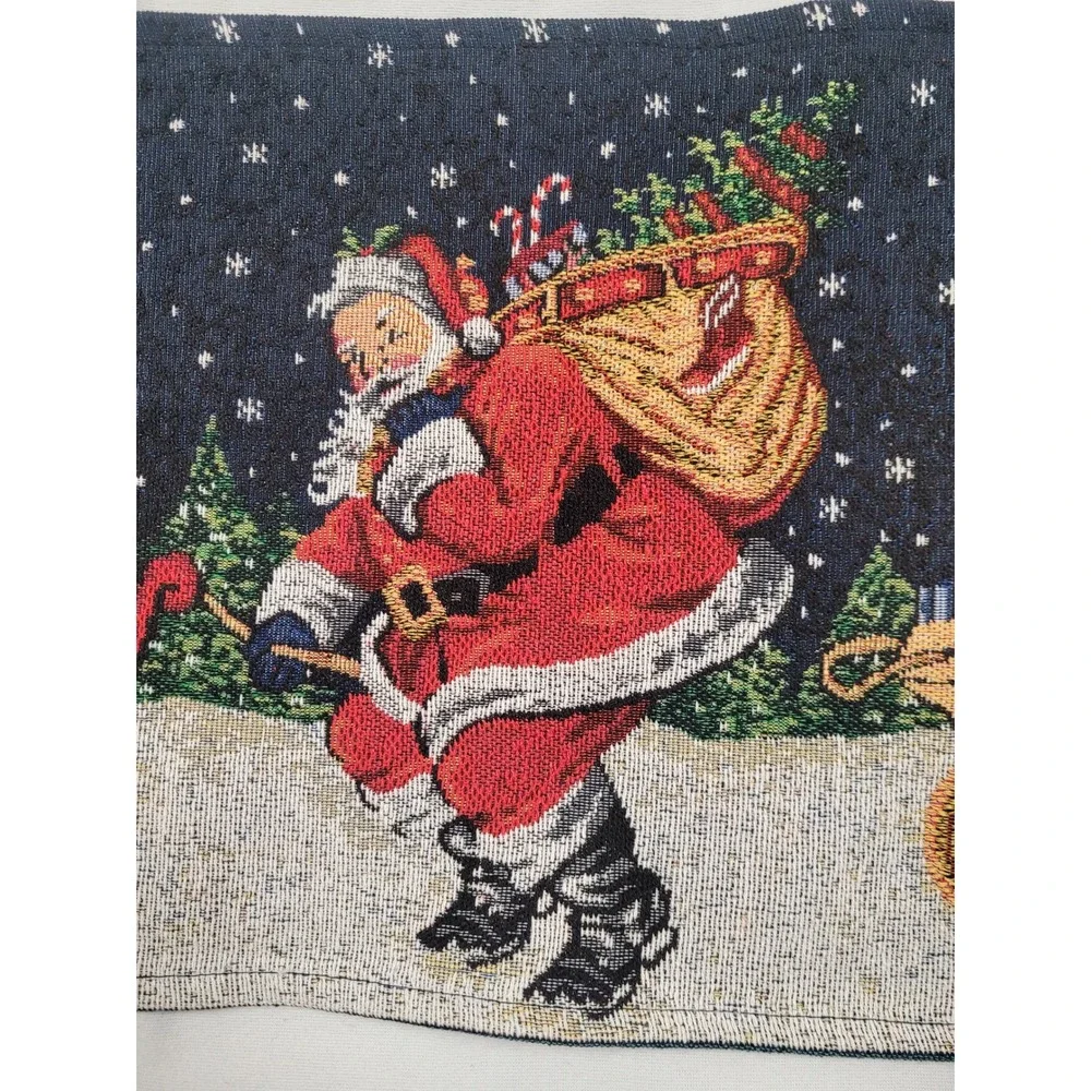 Christmas Table Runner Santa Sleigh Gifts Trees Winter‎ Snow Tassels 68 X 13in